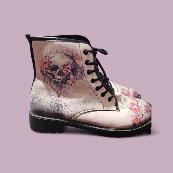 Women Skull and Roses Combat Ankle Boots Size: 10 - Picture 1 of 8